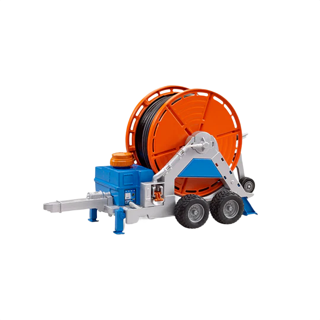 Detailed Bruder agricultural irrigation trailer toy with orange reel and blue and gray frame in Bruder Toys collection