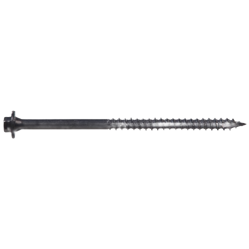 Long black fastener screw with hex washer head for lumber and building materials in hardware and fasteners collections