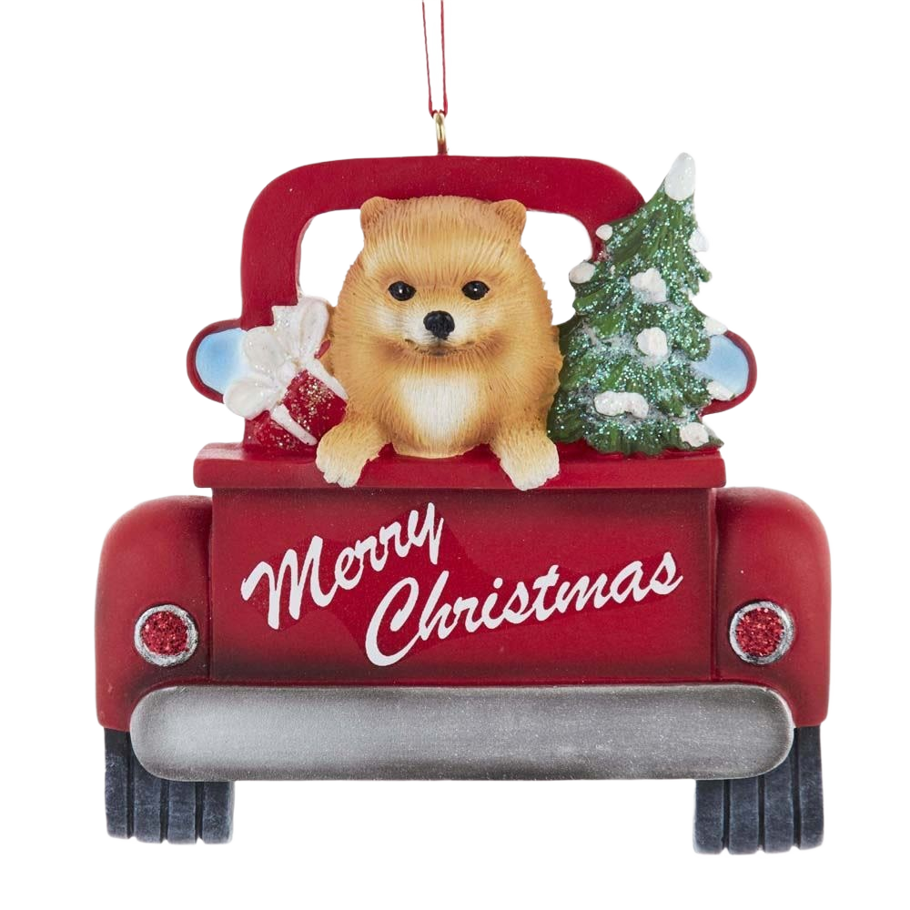 Red truck ornament with a Pomeranian dog, Christmas tree, and gifts for holiday decoration