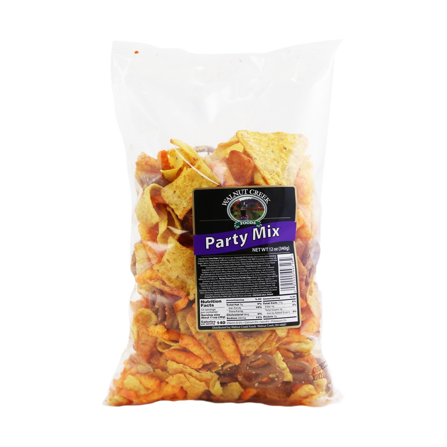 Clear bag of party mix snacks with corn chips, cheese curls, and pretzels in chips and snacks collection under $25