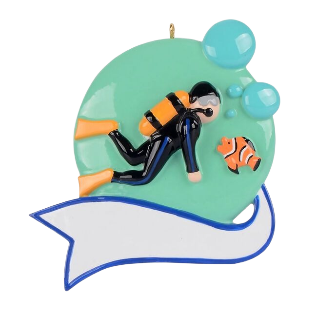 Personalized scuba diver ornament with orange tank and clownfish in green bubble for Christmas Ornaments & Tree Decorations collection