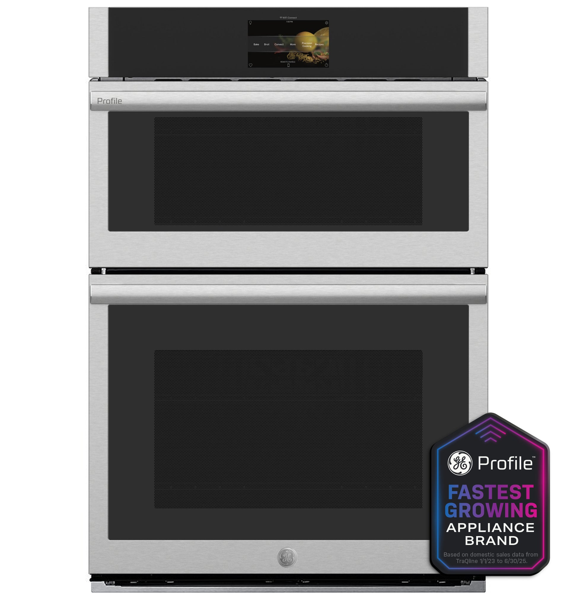 Front view of stainless steel combination double wall oven with digital display and convection features in kitchen appliances collection