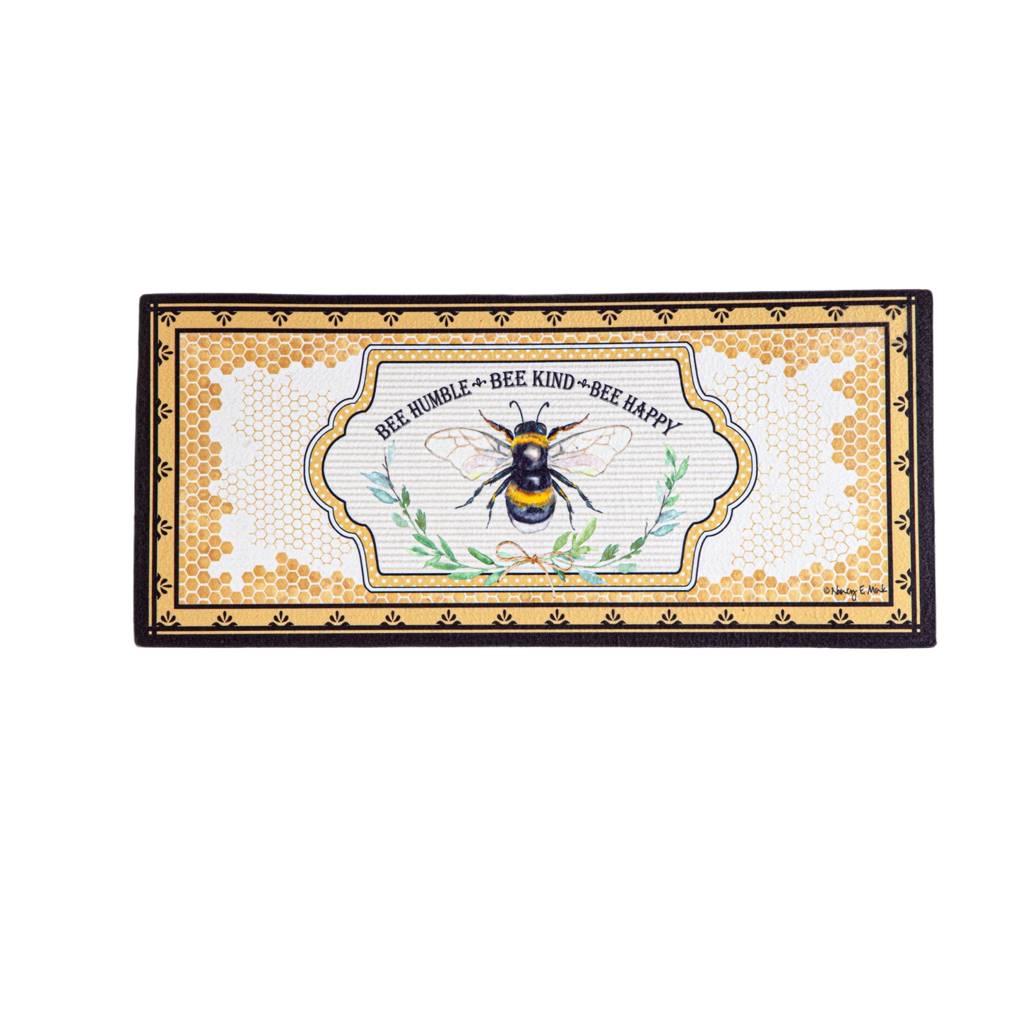 Decorative mat with a central bumblebee illustration and honeycomb pattern for adding charm to home spaces