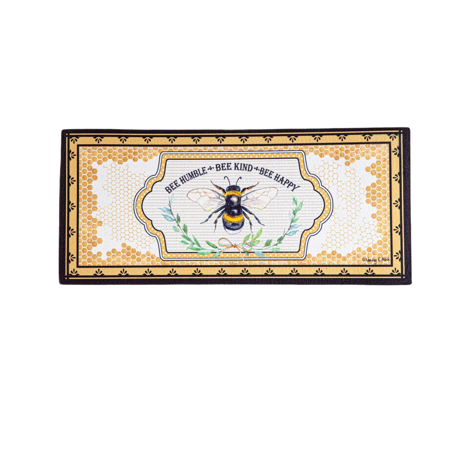 Decorative mat with a central bumblebee illustration and honeycomb pattern for adding charm to home spaces