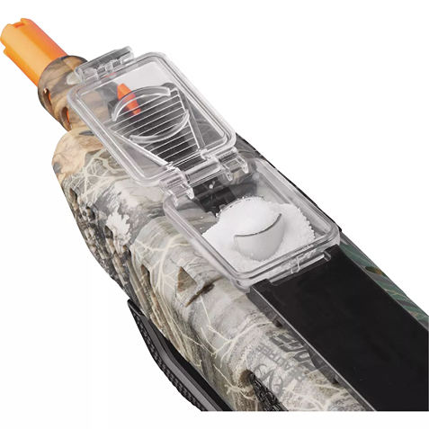 Camouflage pest control tool with salt reservoir and orange trigger designed for targeted bug elimination tasks
