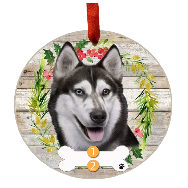 Round Christmas ornament with Siberian Husky face inside a festive wreath on rustic wood background