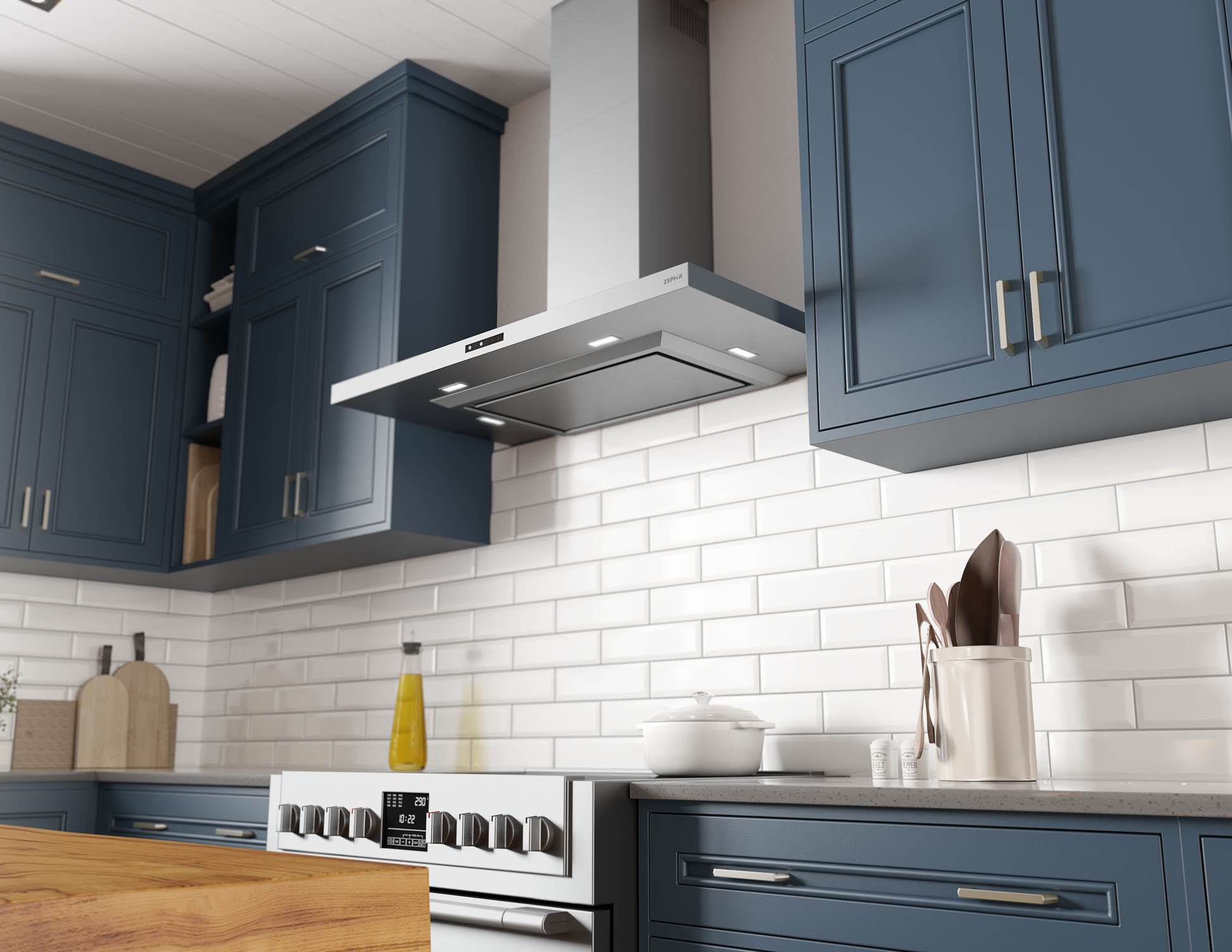 Stainless steel pyramid chimney hood with LED lights installed above stove in kitchen with blue cabinetry and white tile backsplash