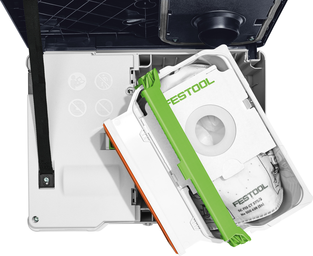 Open Festool cordless dust extractor showing HEPA filter bag for dust collection in woodworking tools collection