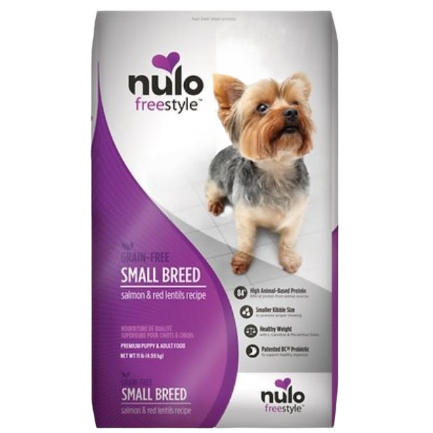Bag of grain-free dog food for small breeds featuring salmon and red lentils with high protein and probiotic benefits