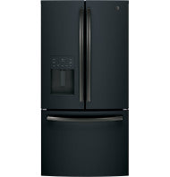 Black French-door refrigerator with bottom freezer drawer and external water dispenser from kitchen and appliances collection