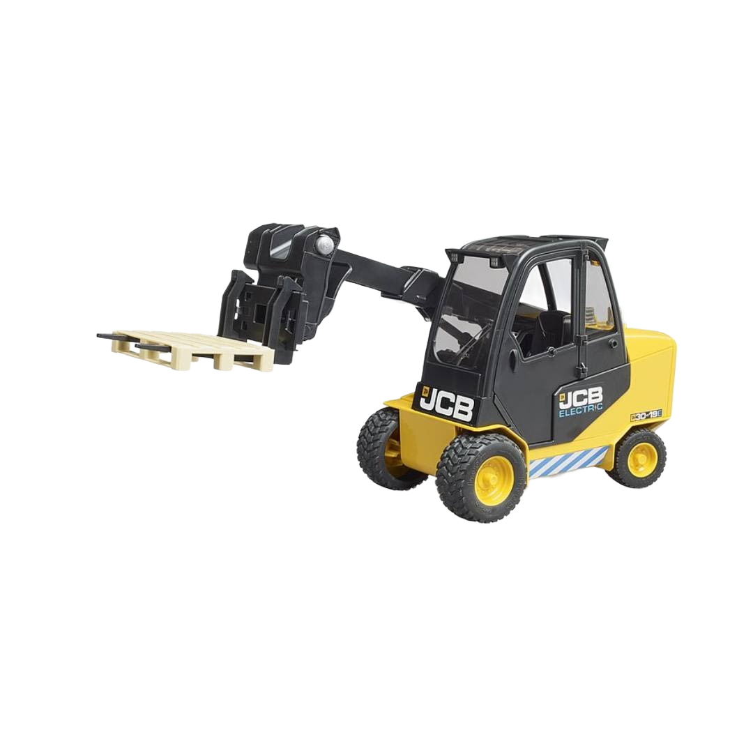 Yellow and black toy teletruk forklift with extendable arm holding a small wooden pallet for construction play