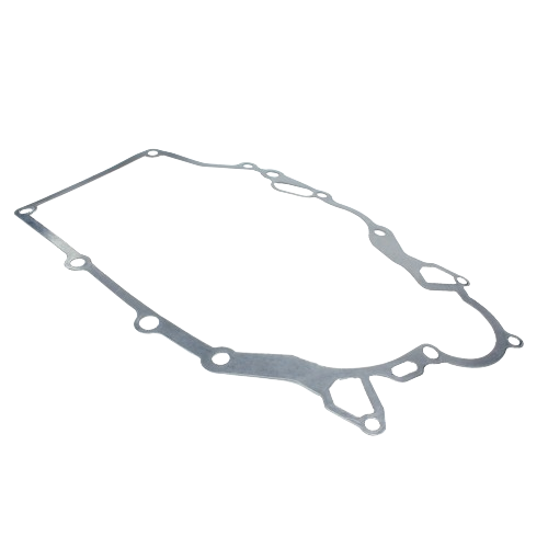 Thin metal gasket with multiple bolt holes designed for sealing engine crankcase components in home improvement tools