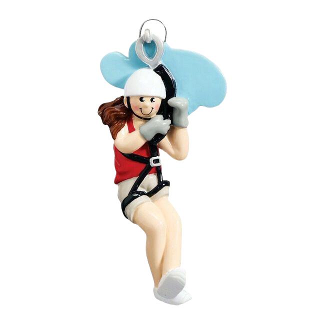 Girl with brown hair wearing helmet and gloves on a zip line ornament for Christmas tree decoration under $50 collection