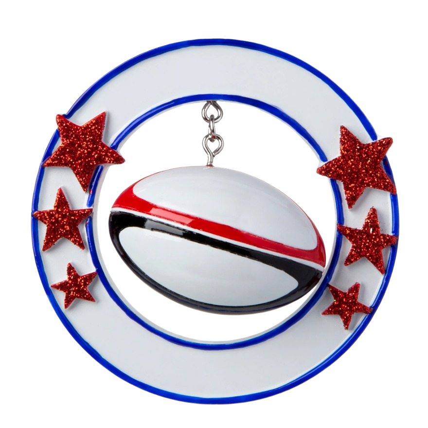 3D rugby ball ornament with red glitter stars on white and blue ring, festive Christmas decoration under $50