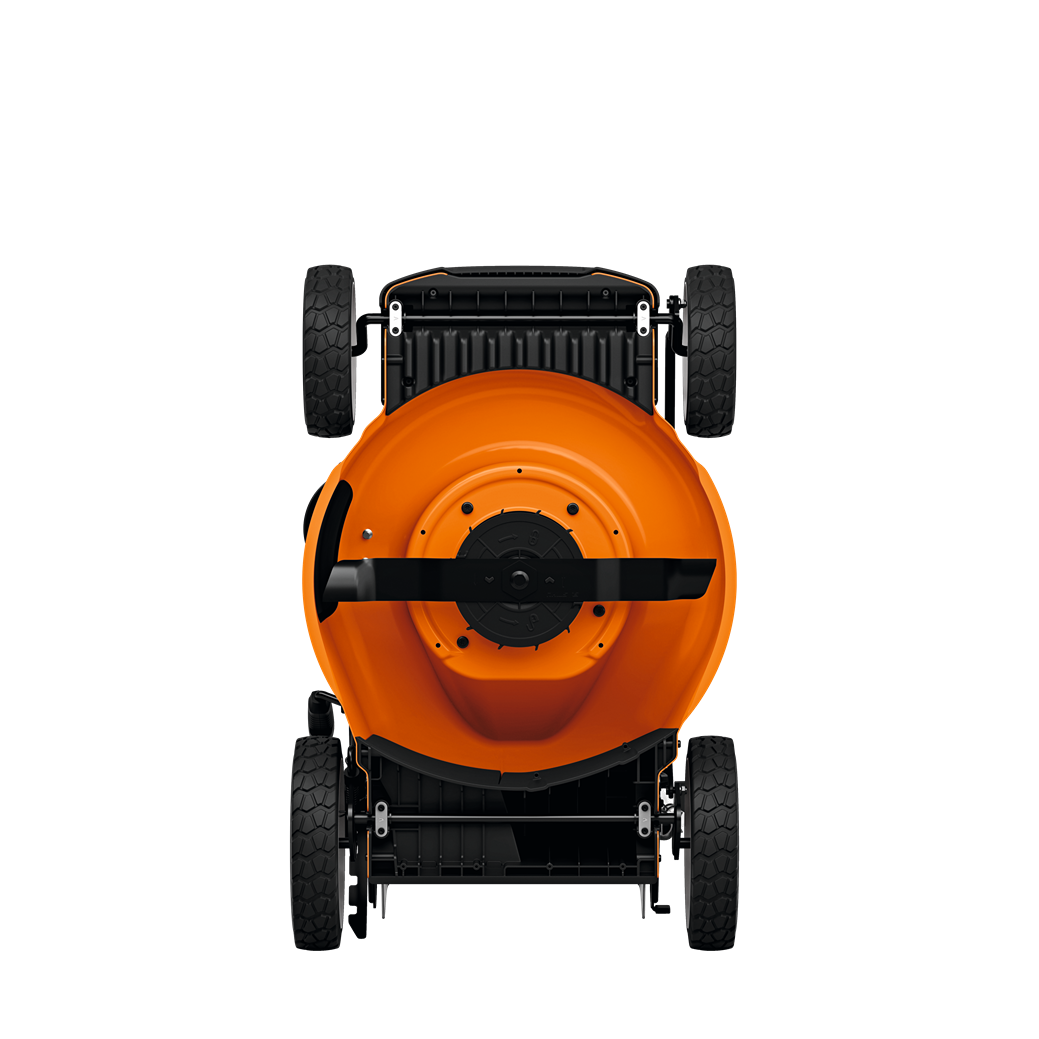 Top-down view of an orange steel-deck lawn mower with large treaded tires and black cutting blade for outdoor power equipment and lawn care tools.
