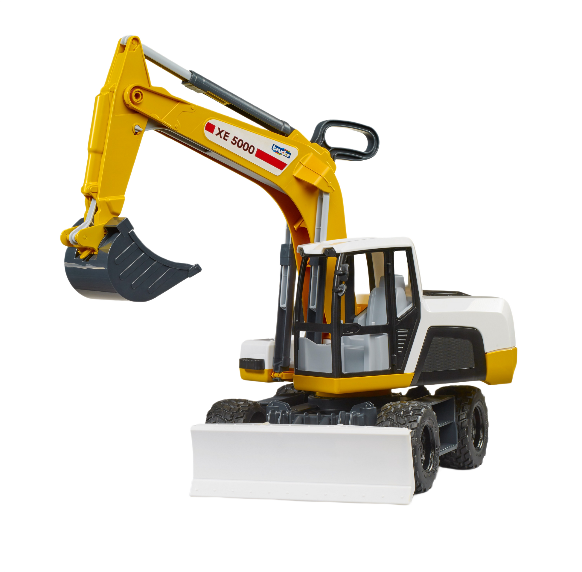 Yellow and white Bruder XE 5000 Excavator model with detailed cab and movable digging arm for realistic construction play