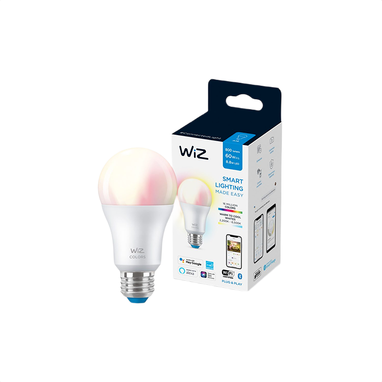 Smart LED light bulb with color changing capability shown beside its detailed retail packaging for home improvement use