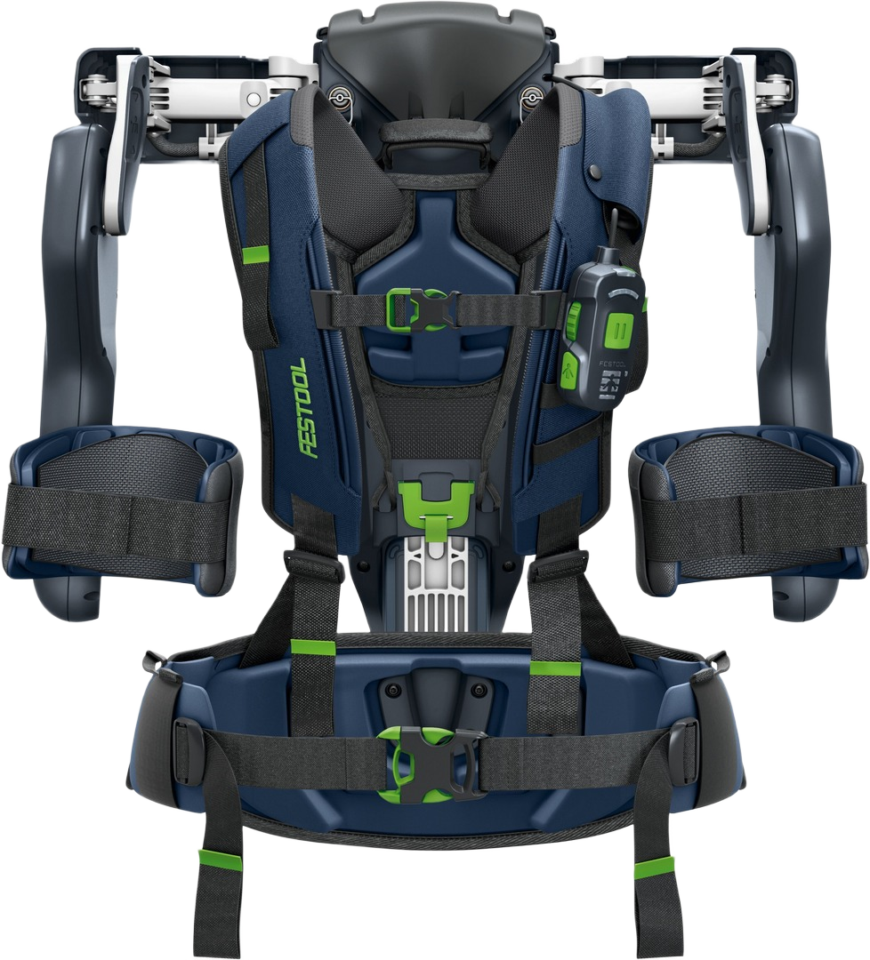 Blue and black ergonomic exoskeleton with adjustable straps and control unit for enhanced support in tool accessories collection