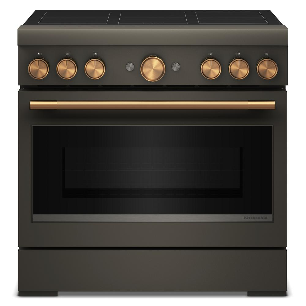 36-inch freestanding induction range with six bronze control knobs and oven handle in commercial design
