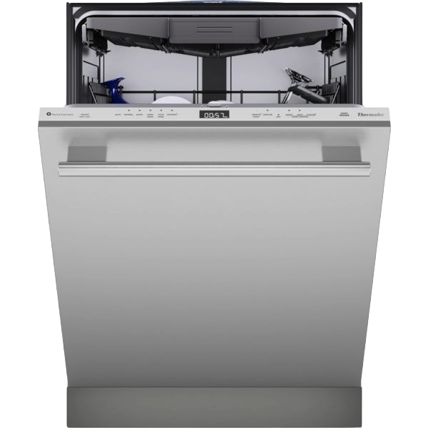 Front view of an open stainless steel dishwasher from Thermador’s kitchen appliances and dishwashers collection.