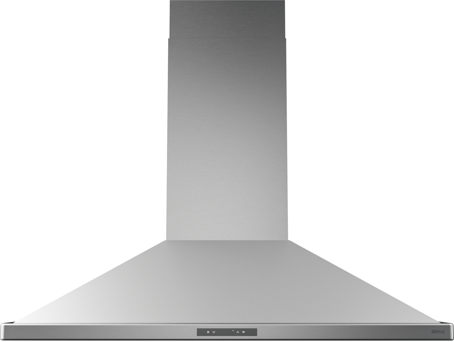 Stainless steel island range hood with upward angled walls and digital control panel in kitchen appliances collection