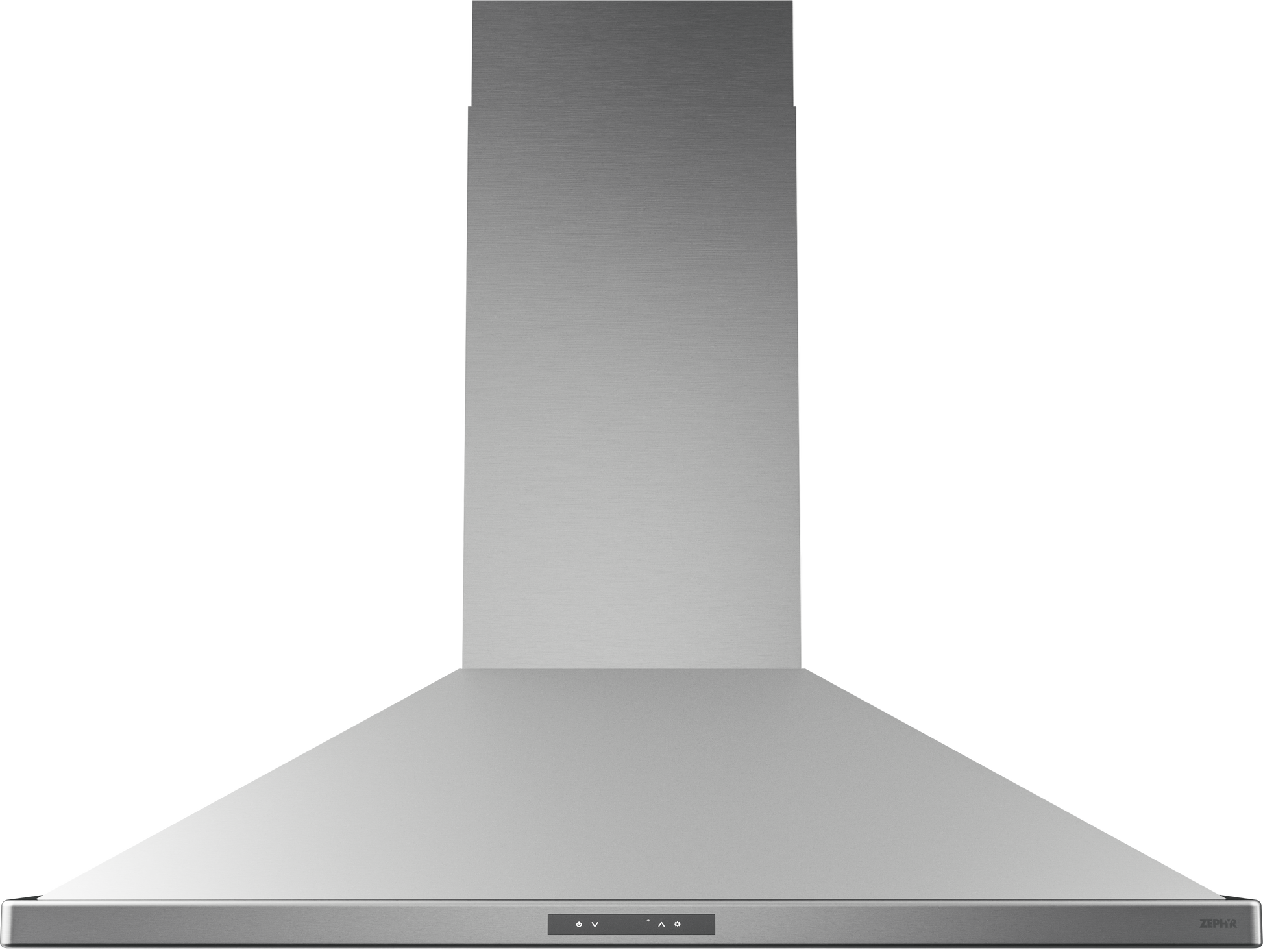 Stainless steel island range hood with upward angled walls and digital control panel in kitchen appliances collection