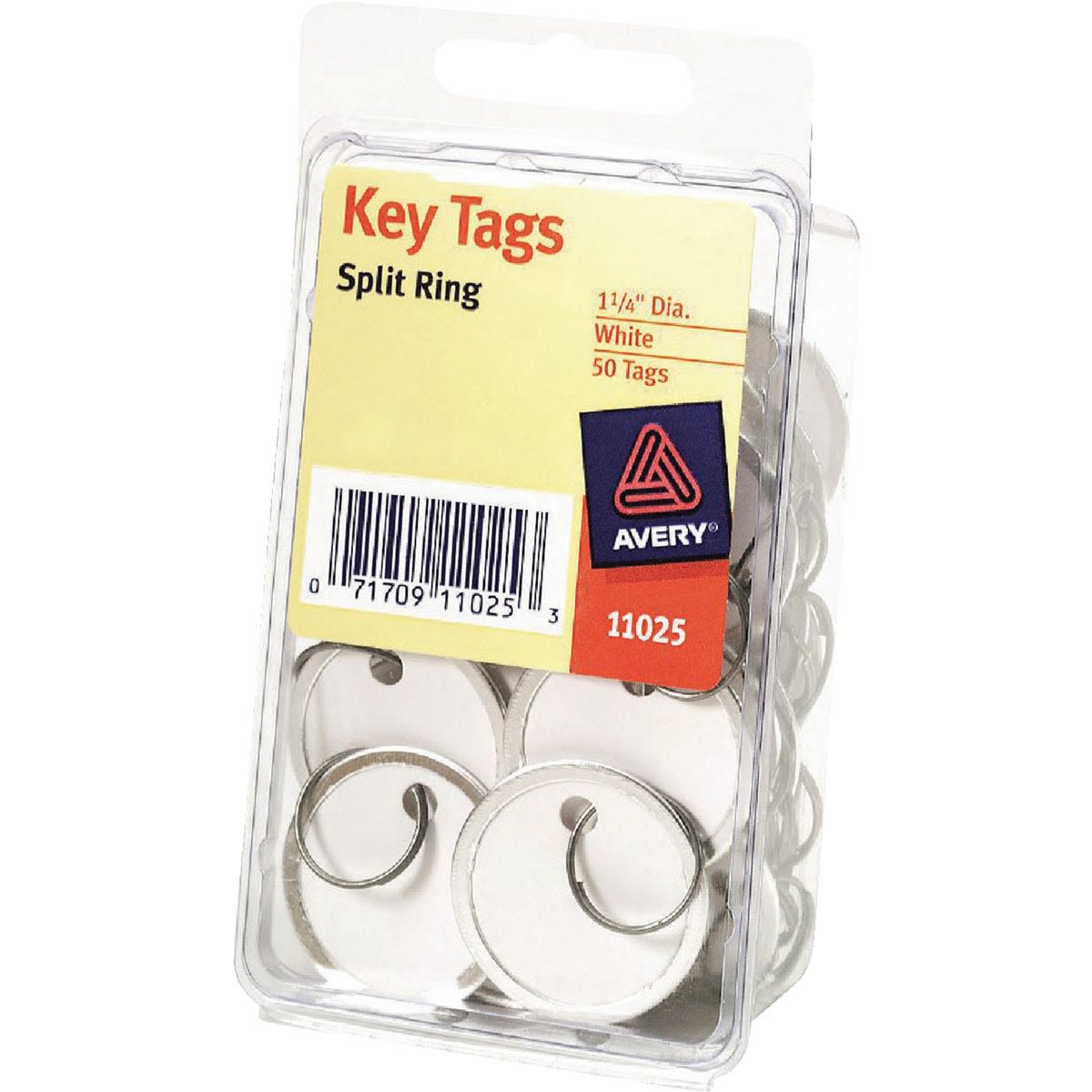 Clear plastic pack of white round key tags with metal split rings for organization in tools and home improvement use