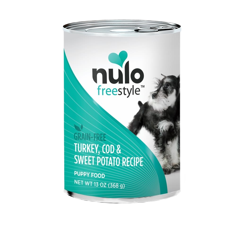 Can of grain-free puppy food with turkey, cod, and sweet potato recipe from Nulo Freestyle pet food collection