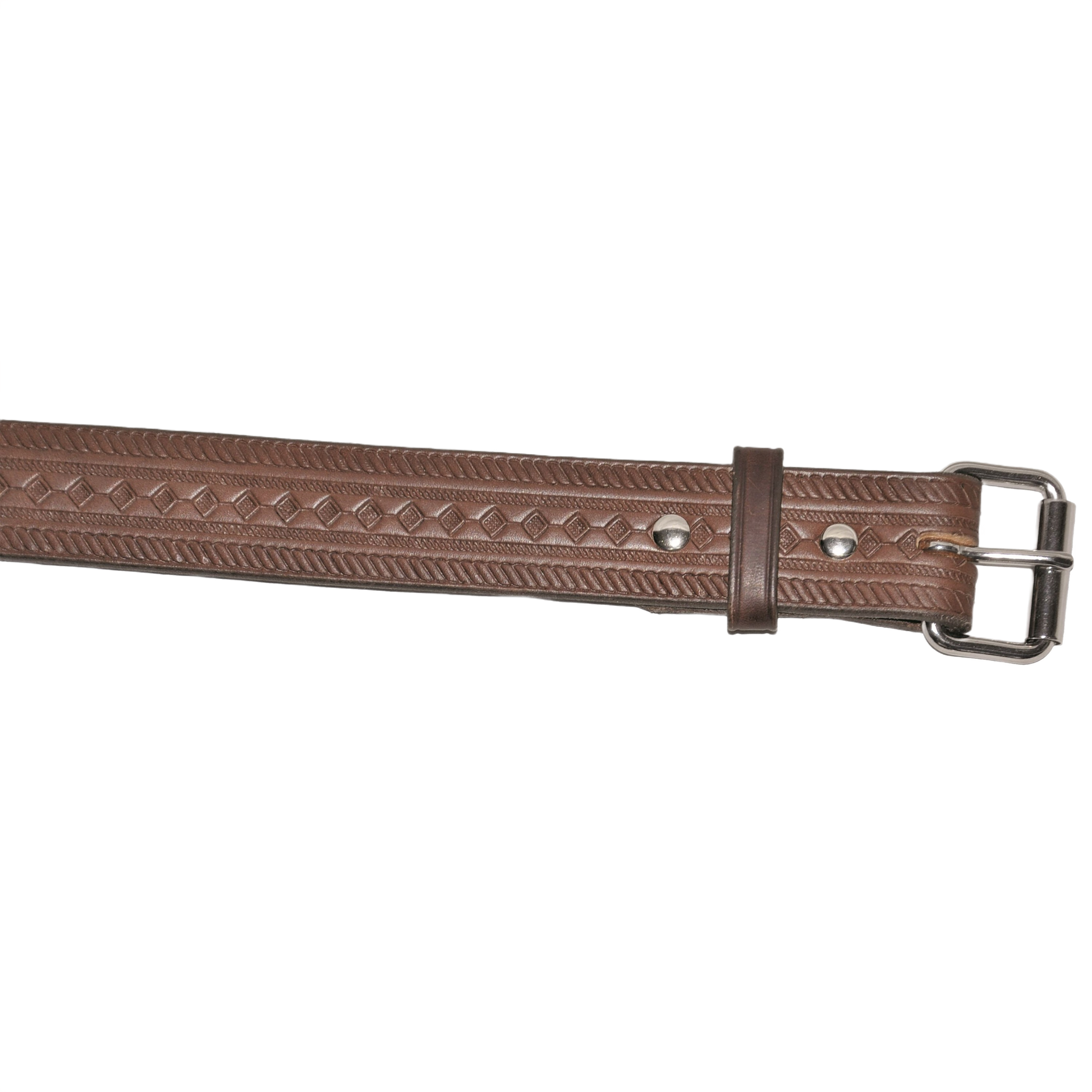 Brown leather tool belt with diamond pattern embossing and metal buckle for durable use in home improvement tasks