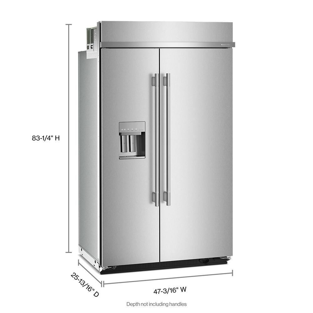 Stainless steel built-in side-by-side refrigerator with exterior water and ice dispenser, detailed dimensions shown
