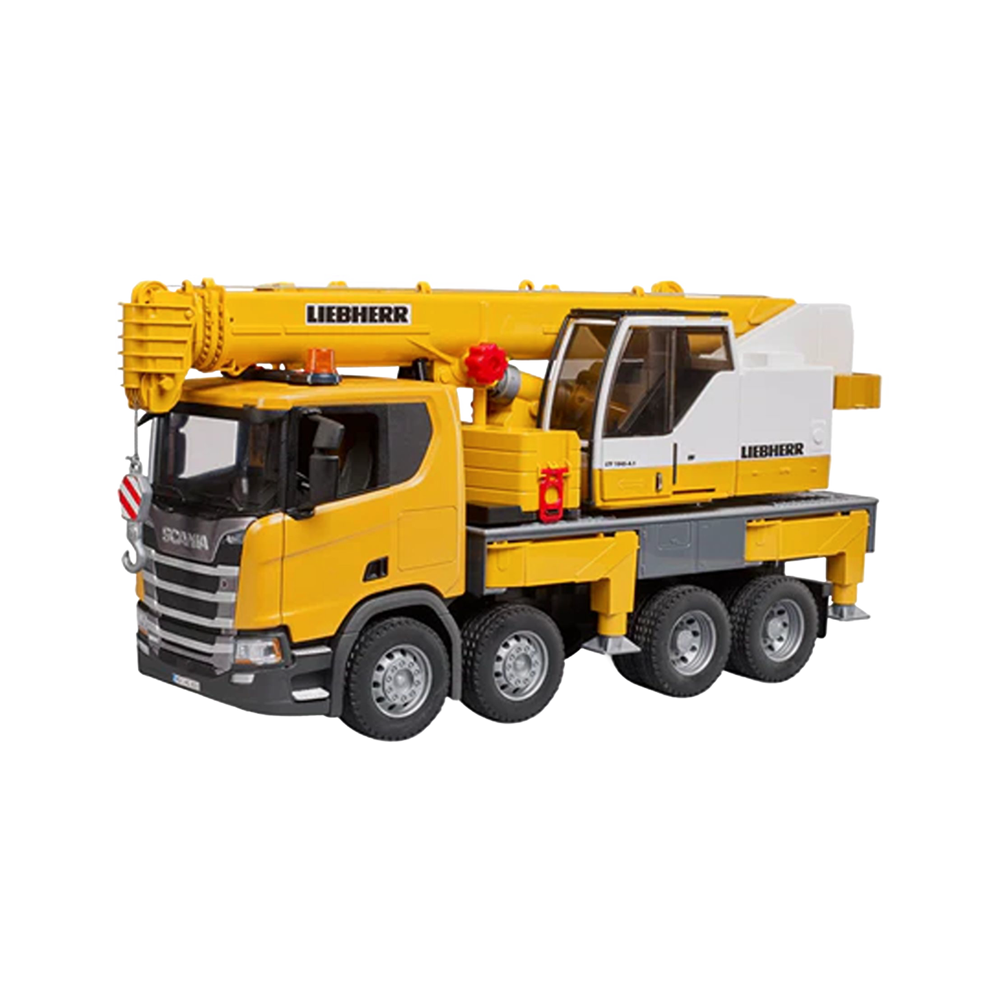 Yellow and white Bruder crane truck toy with adjustable boom and detailed cabin from Vehicles & Remote Controlled Toys collection