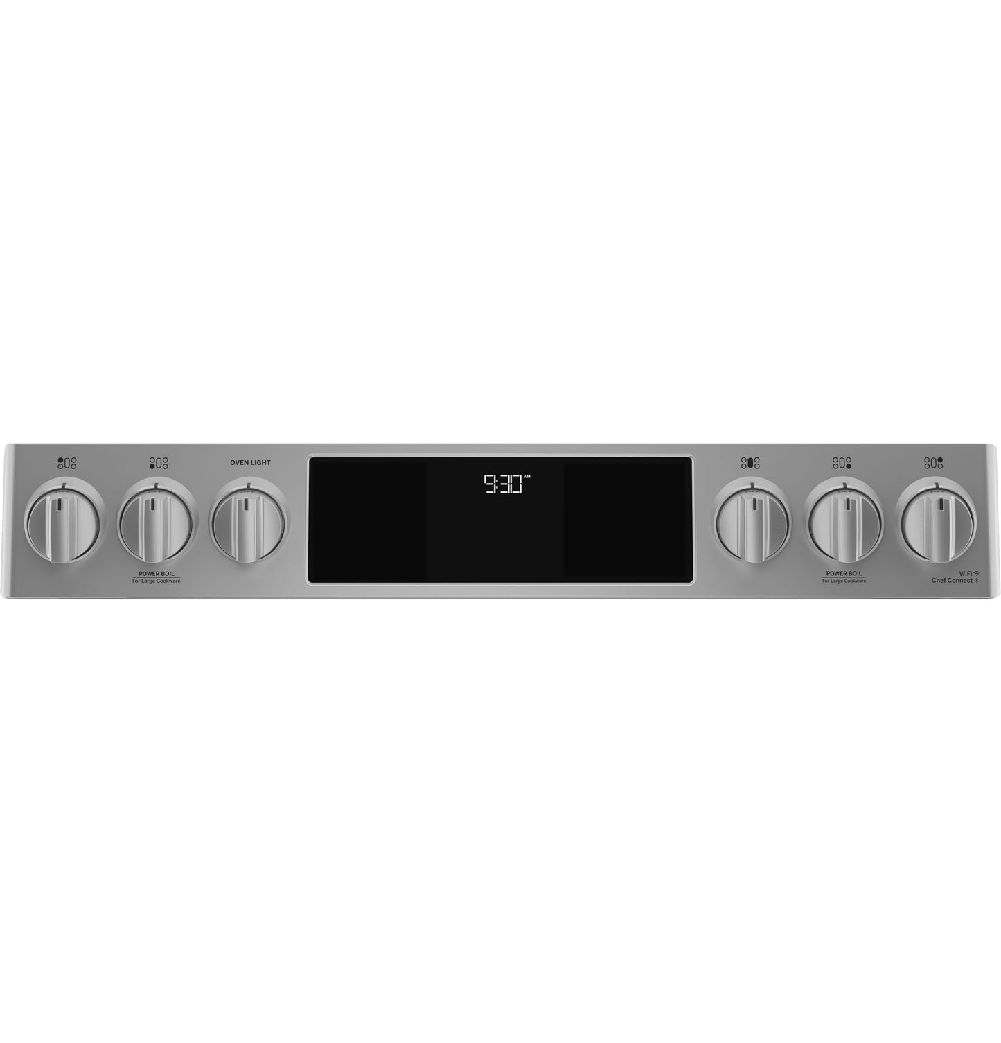 Stainless steel front-control panel with metallic knobs and digital display for smart gas range in kitchen appliances collection