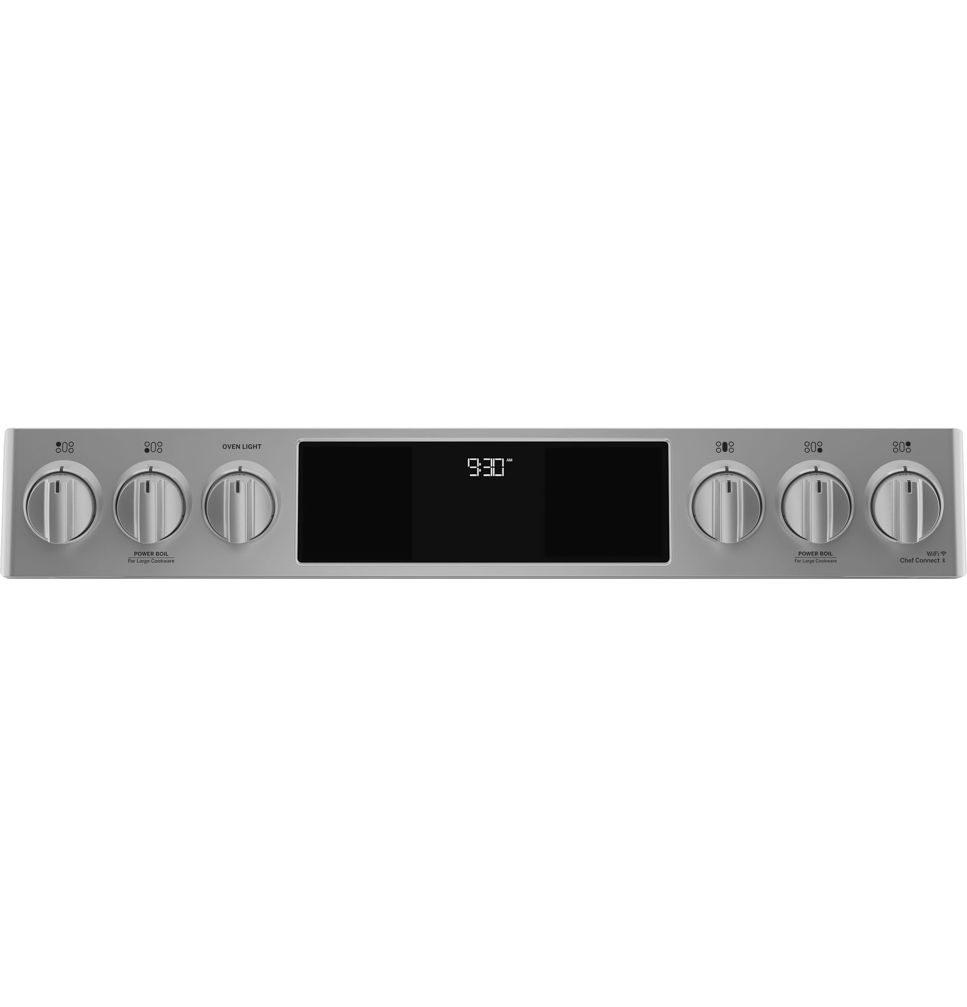 Stainless steel front-control panel with metallic knobs and digital display for smart gas range in kitchen appliances collection