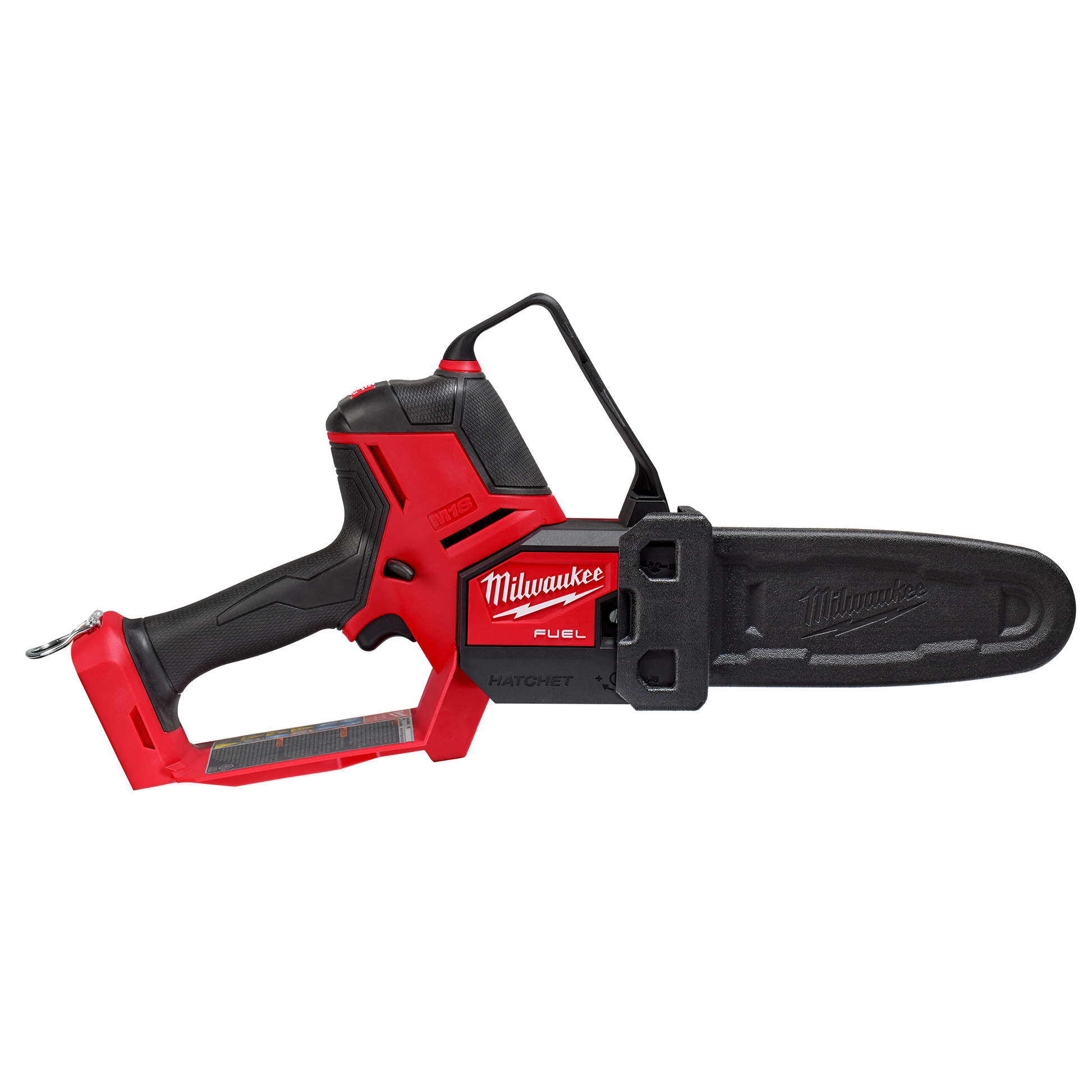 Compact cordless pruning saw with red and black design and protective blade cover for tools and home improvement tasks