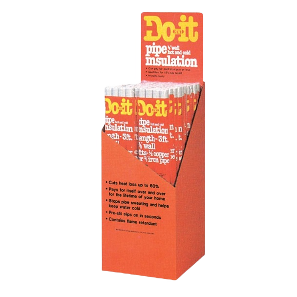 Box display of red and white semi-slit pipe insulation wraps for plumbing in home improvement collections under $50