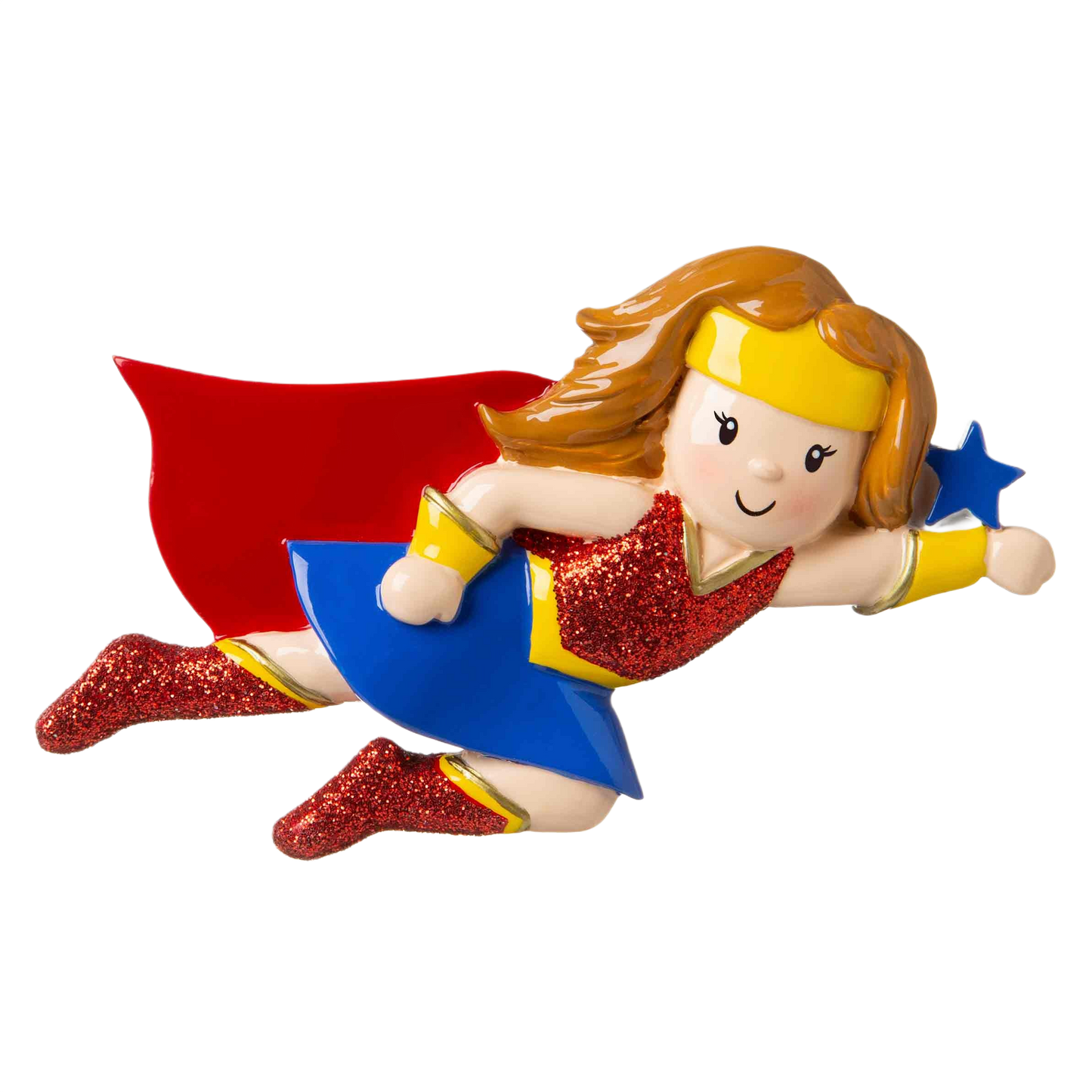 Girl superhero ornament with red cape, glittery red boots and top, blue skirt, yellow headband, Christmas tree decoration under 50 dollars