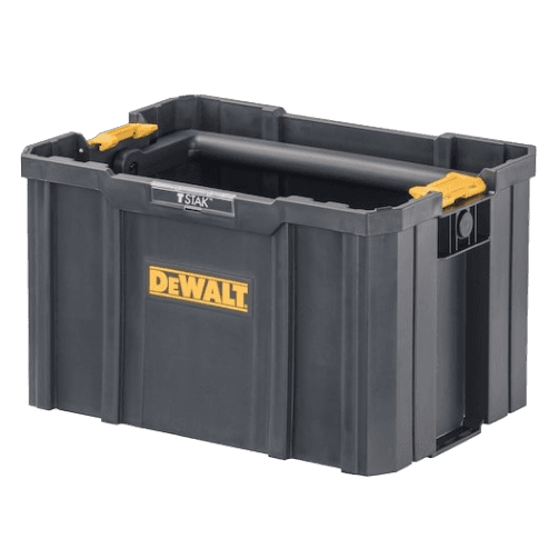 Heavy-duty black plastic tool organizer with yellow latches and a sturdy carry handle for home improvement projects