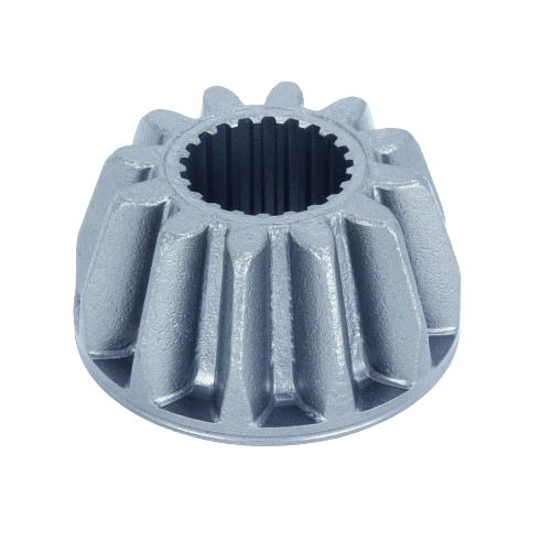 Metal pinion gear with external teeth and internal splines, designed for mechanical and home improvement applications