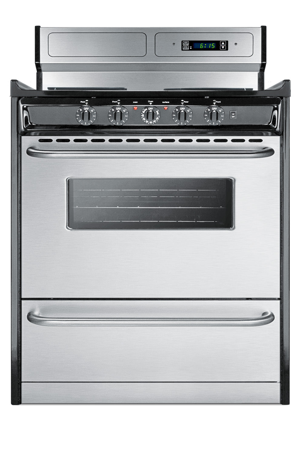 Front view of a stainless steel electric coil range with black trim and digital clock in kitchen appliance collections