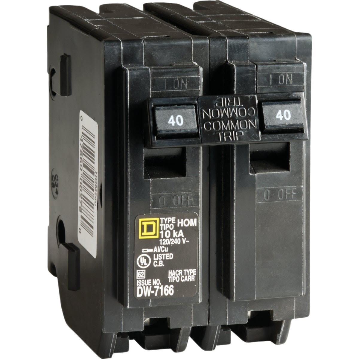 Black 40 amp double-pole circuit breaker designed for home improvement electrical panel installations and tools use