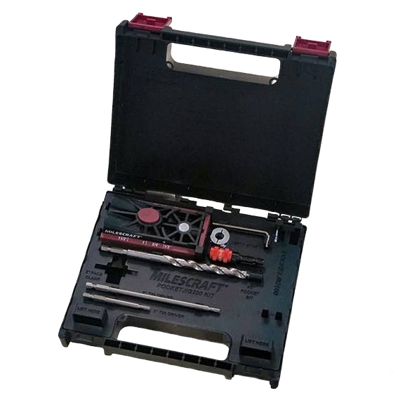 Black plastic carrying case with woodworking pocket hole jig, drill bits, screws, and hex key for tool accessories collections
