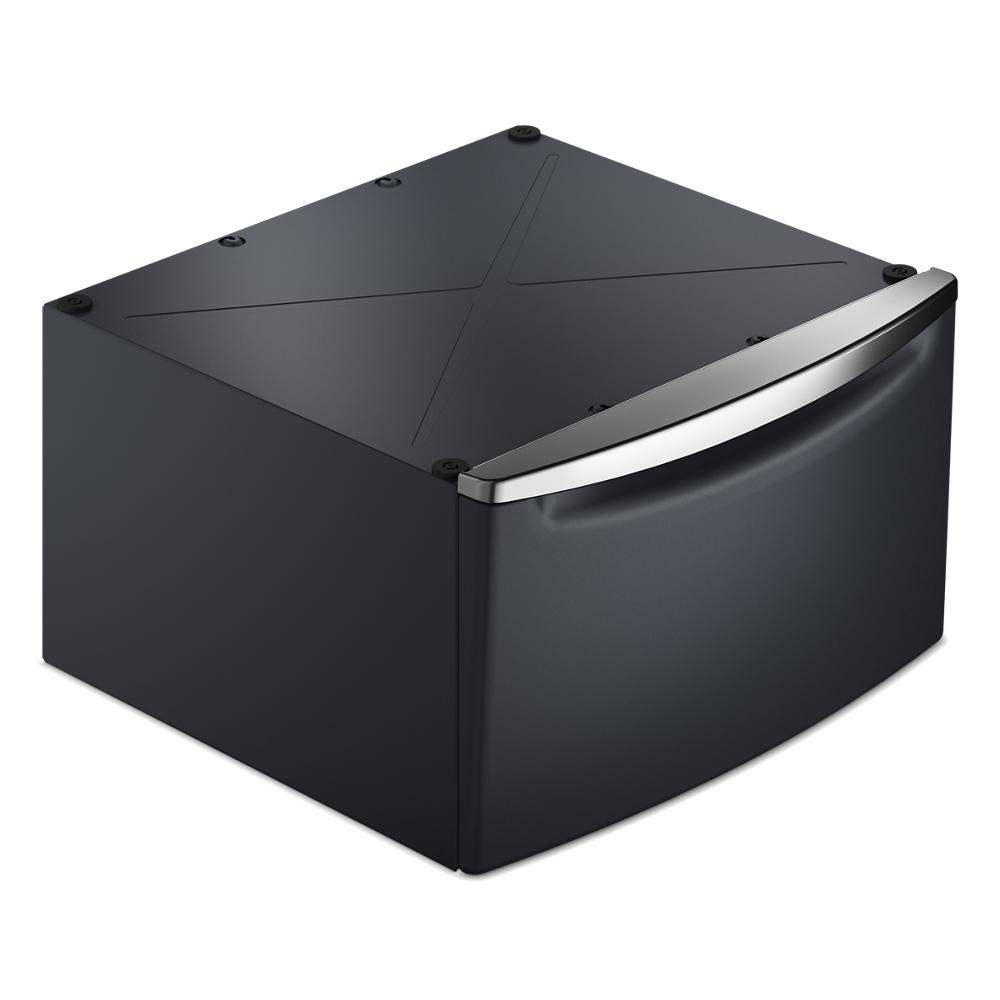 Dark storage pedestal with curved handle and metal trim for front load washers and dryers from appliance accessories collection