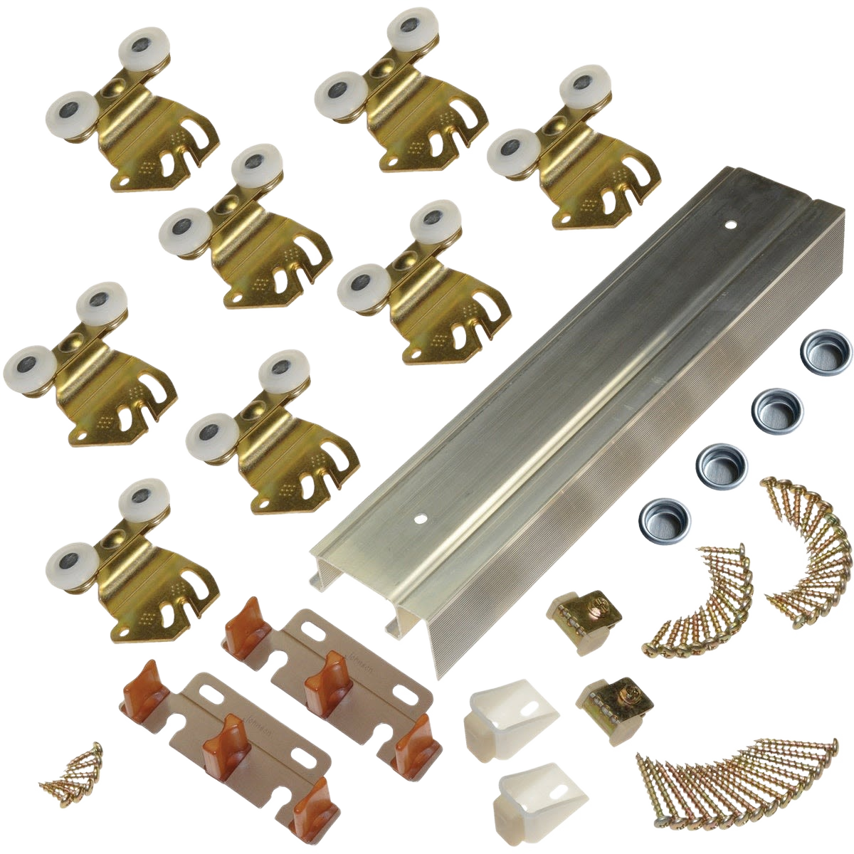 Sliding door hardware set with brass double wheel rollers, steel track, screws, and mounting components for home improvement.
