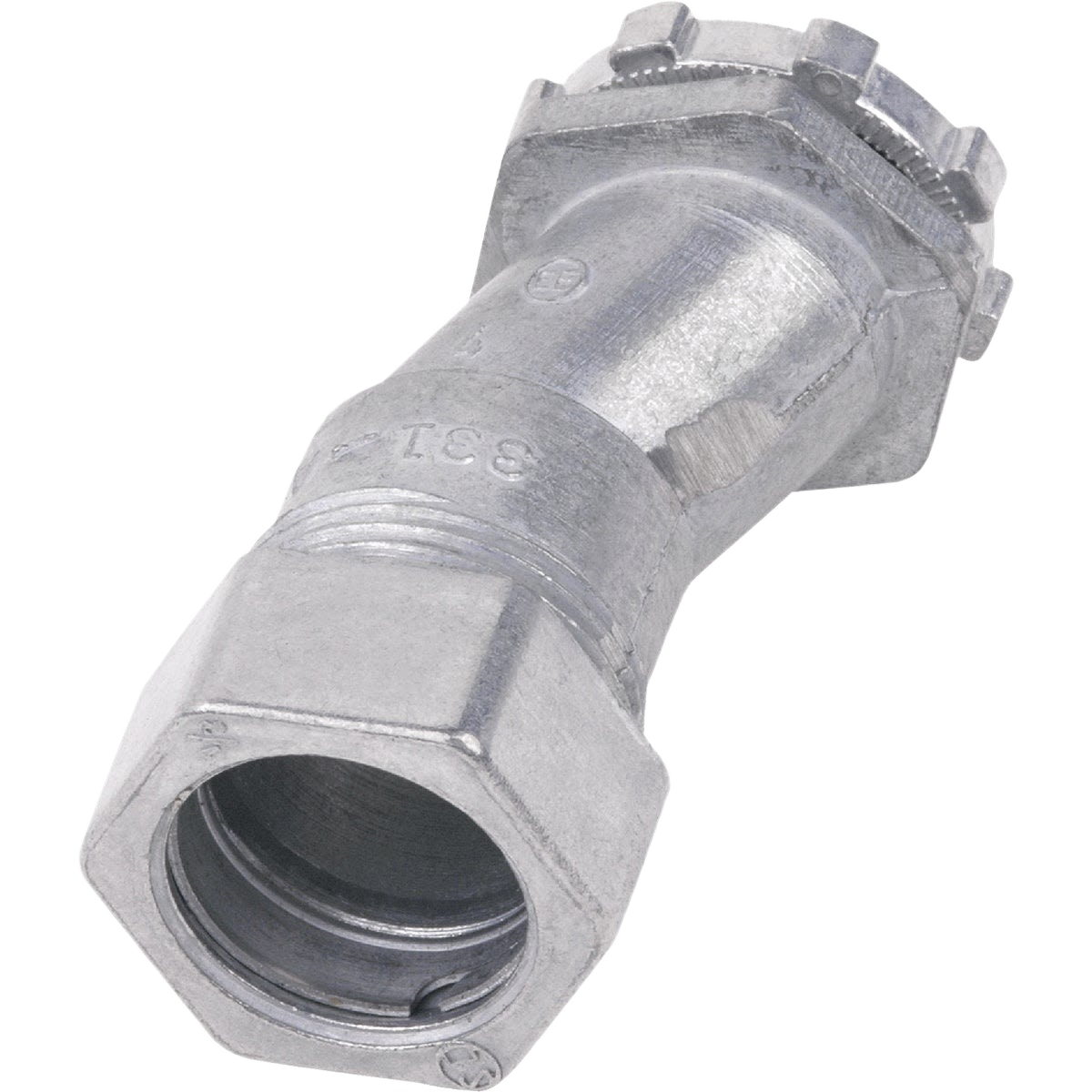 Offset compression conduit connector in galvanized metal finish for EMT electrical conduit applications