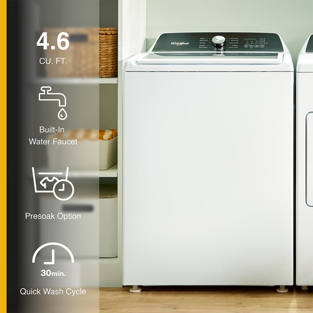 White top load washer with impeller and built-in faucet in laundry room, part of washers and appliances collection