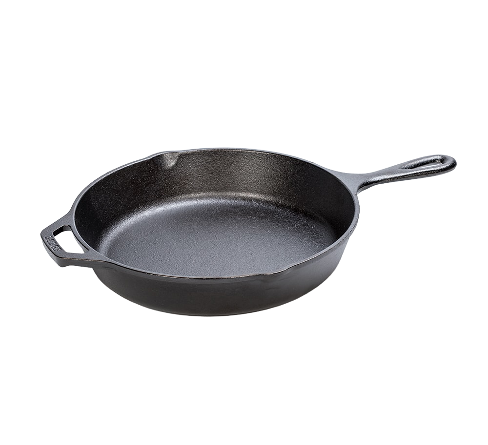 Black cast iron skillet with long handle and helper grip, designed for durable use in kitchenware collections.