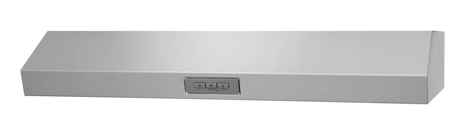 Stainless steel undercabinet ventilation hood with LED lighting and filter indicator in kitchen appliances collection