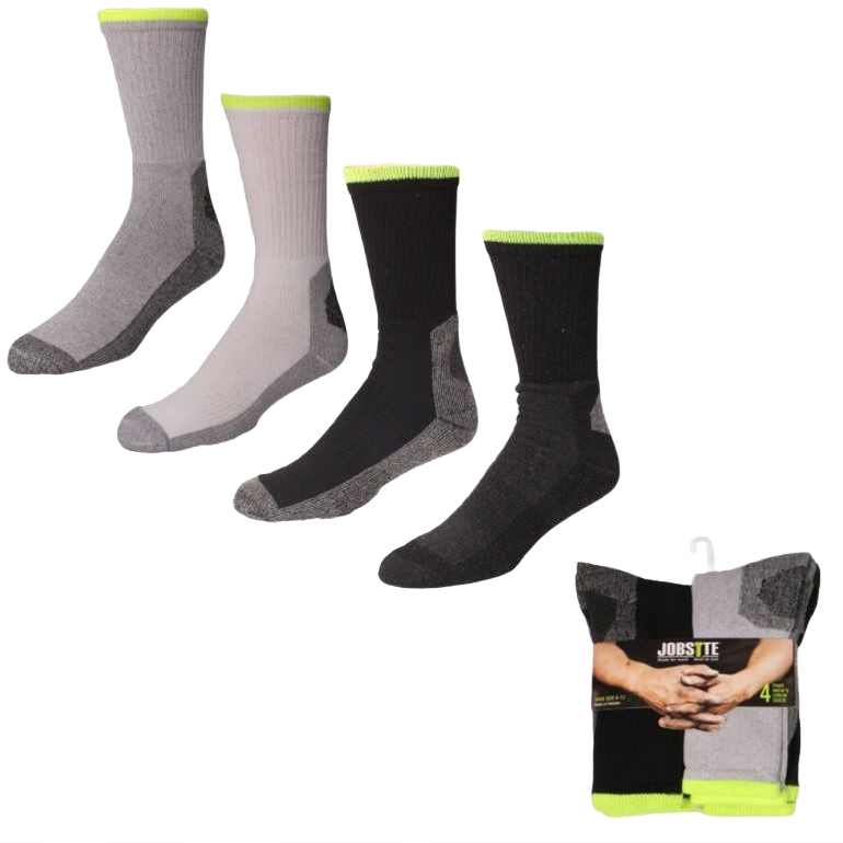 Four-pack of men's hi-splice crew socks with reinforced heel and toe in neutral shades for durable workwear use