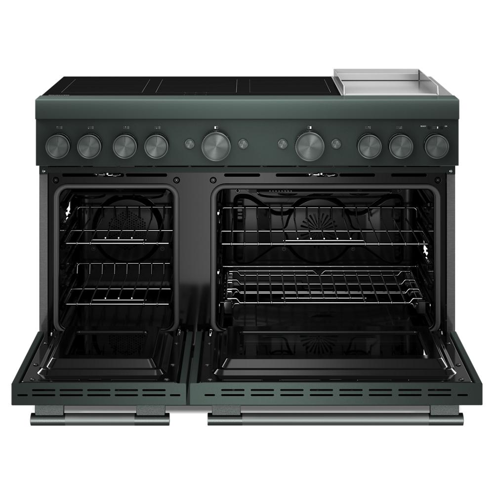 Front view of dark green freestanding range with six induction elements, griddle, dual ovens with open doors in kitchenware collection
