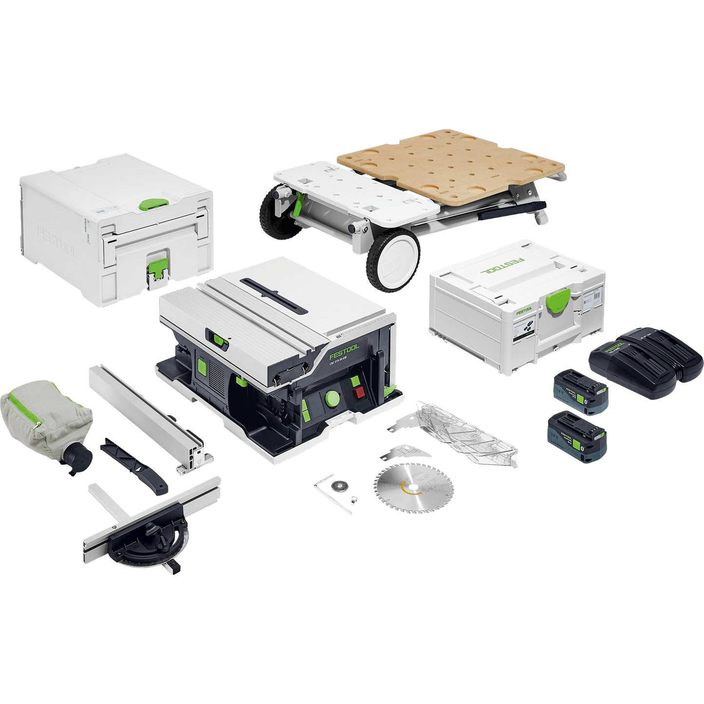 Cordless portable table saw kit with compact saw, battery packs, charger, dust bag, adjustable fence, mobile worktable, and storage cases, included in Power Tools, Saws, and Festool collections.